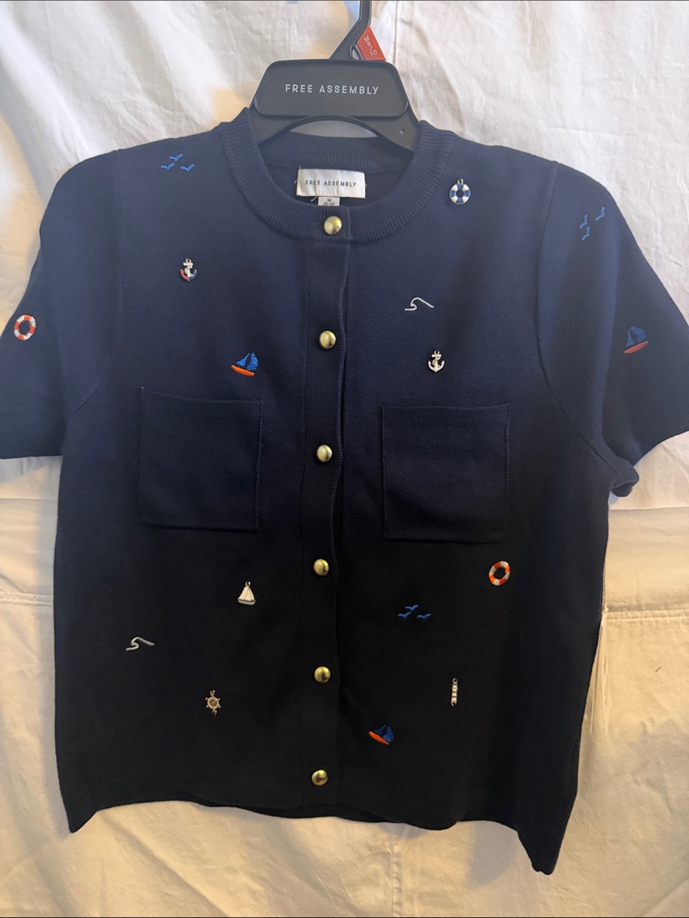 Free Assembly Navy Embroidered Short-Sleeve Cardigan